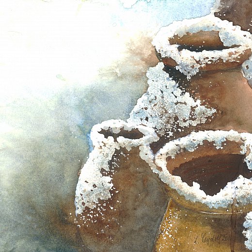 Tonkrüge im Schnee